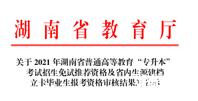 2021年湖南专升本免试推荐资格及省内生源建档立卡毕业生报考资格审核结果公示