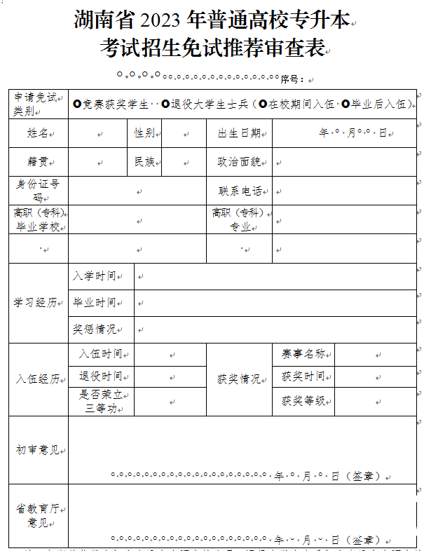 2023年湖南省普通高校专升本考试招生免试推荐审查表