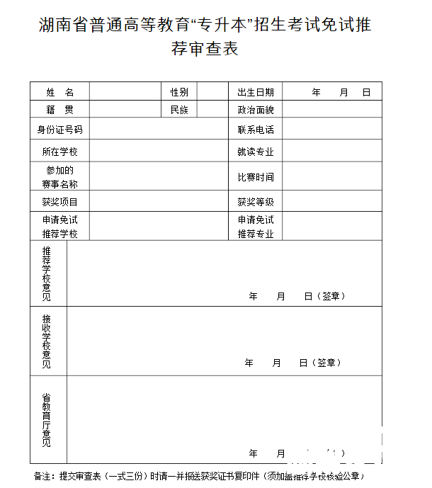 湖南普通高等教育专升本考试招生免试推荐审查表