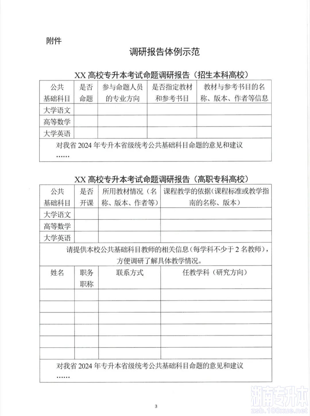 关于开展2024年湖南省普通高等学校专升本考试命题书面调研工作的函