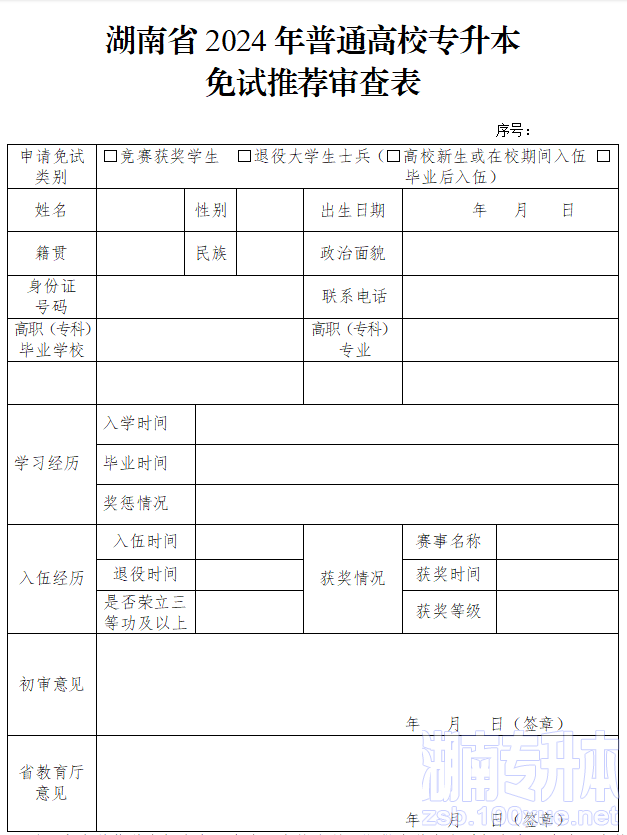 2024年湖南省普通高校专升本免试推荐审查表